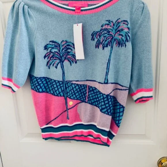 NWT Lilly Pulitzer Retro Graphic Knit Sweater Blue Perfect Match Tennis Sz S - Picture 2 of 9